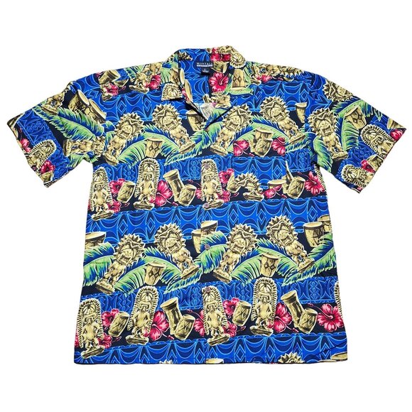 Montage Microfiber Hawaiian Shirt Tiki Print Short Sleeve Button-Down L - Picture 1 of 8
